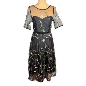 NWT JJ'S HOUSE Floral Midi  Dress Sz.S Black Mesh Embroidered Fit & Flare Event